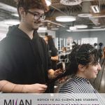 Cosmetology student cutting a client's hair in a salon training setting, featuring an overlay notice for clients and students.